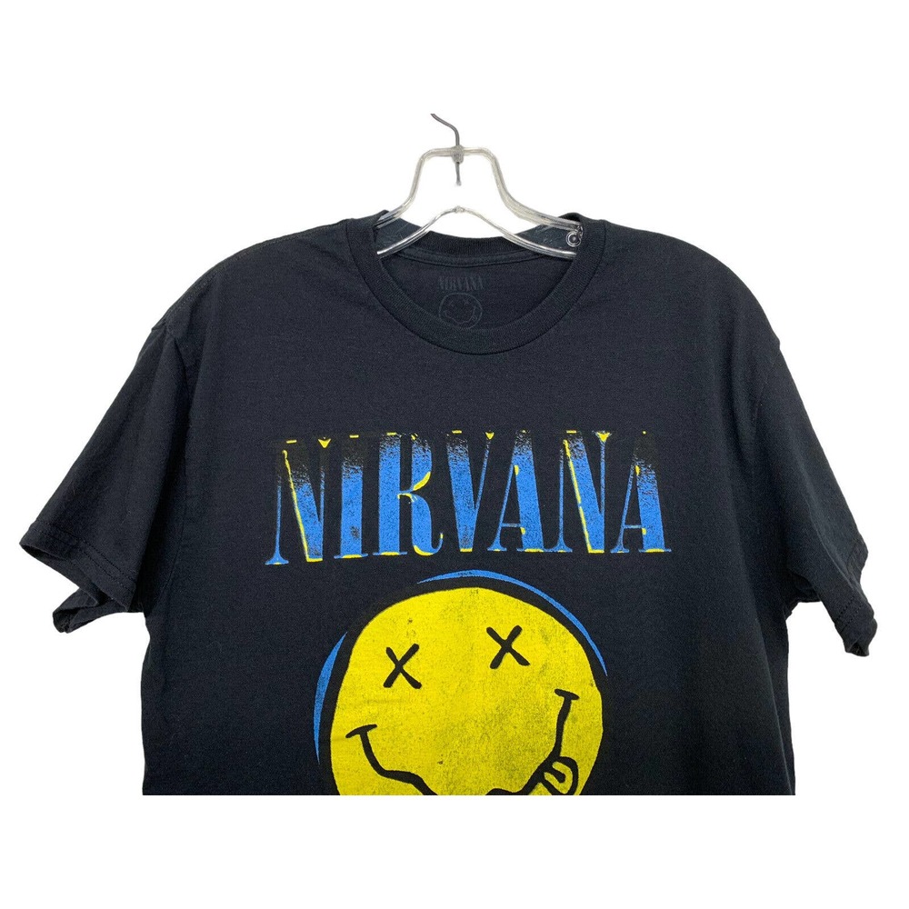 Nirvana Women size M Black Smiley Face Blue Logo T-Shirt Promo Retro - Picture 3 of 6